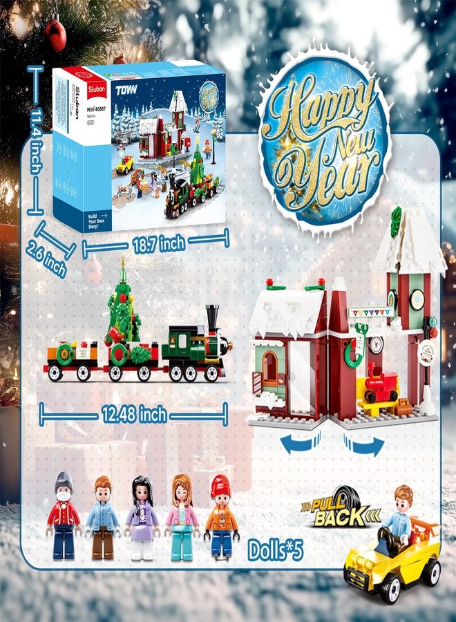 Sluban Christmas Train Station Building Set with Santa's Sleigh & Snowman, 5 Friends Minifigures with Car Toys & Christmas Tree, for Girl 6+, Compatible with Lego Christmas Sets, 565 PCS - Image 4